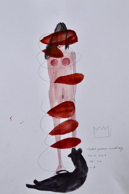 Naked queen with dog, 24.5.2021, 16:24 2021, Matita e acquerello su carta, 42x29,7 cm;